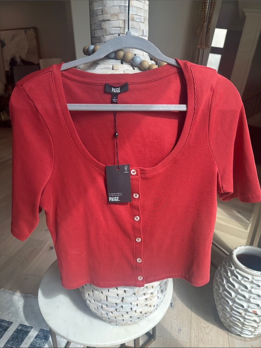 PAIGE Red Ribbed Scoop-Neck Button Crop Top